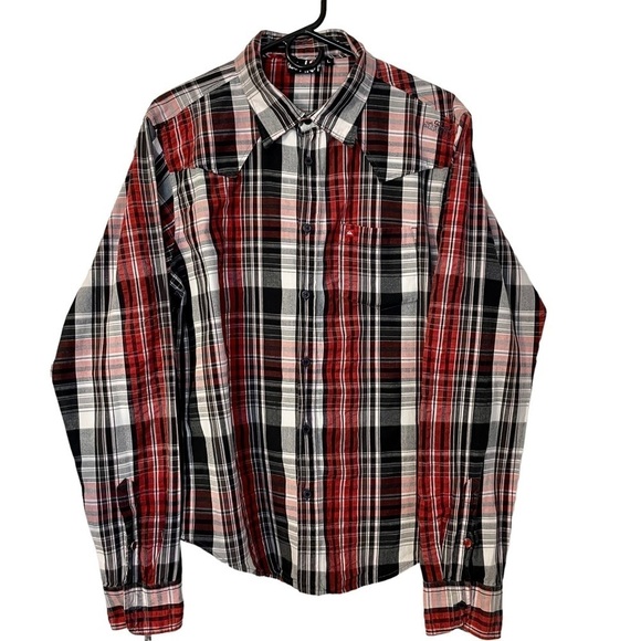 Quicksilver Black Red White Madras Plaid Western Long Sleeve Button Down Shirt L - Picture 1 of 11